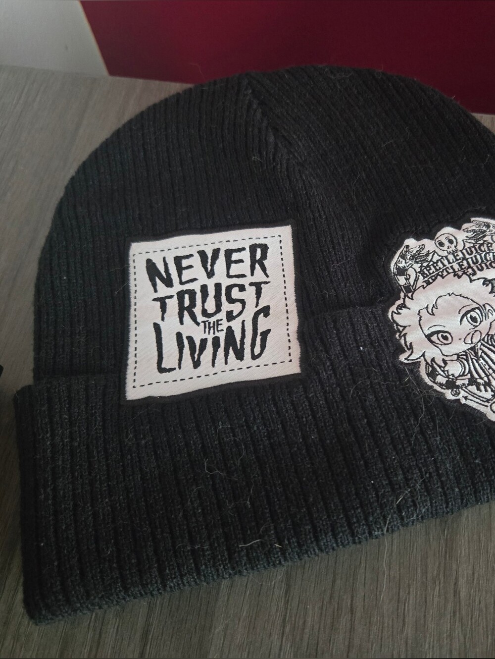 Beetlejuice Beanie with 'Never Trust the Living' Patch
